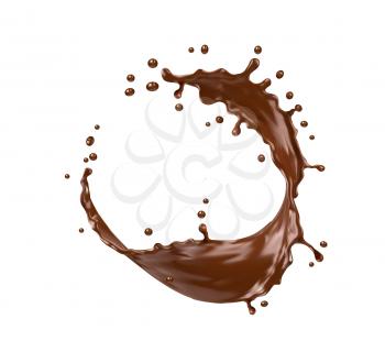Chocolate milk round swirl splash with splatters, vector realistic coffee or cocoa dessert drops. Chocolate or coco drink round wave whirl with liquid flow wave of brown cacao or milkshake syrup