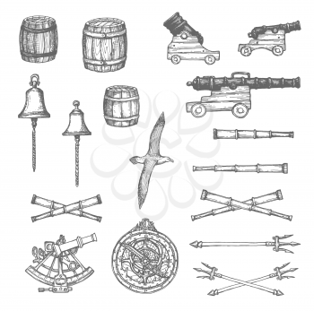 Cannon, barrel and spyglass, bell, trident and astrolabe, sextant sketch. Medieval sailing equipment, fleet navigation instruments and weapons, mortar, albatross bird hand drawn vector icon collection