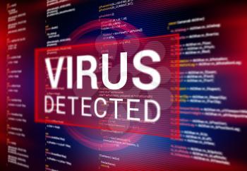 Virus detected warning alert message on computer screen. Hacking attack, spyware and malware program, malicious software, trojan danger background with program code line, threat warning notification