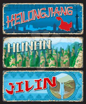Heilongjiang, Hunan, Jilin Chinese province plates and travel stickers, vector. Chinese tin signs or luggage tags with province map, taglines and sightseeing landmarks, travel and tourism