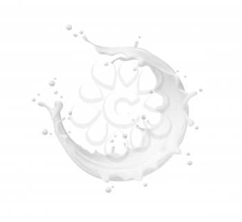 Milk round swirl frame splash with splatter and white milky drops, realistic vector. Milk splash or cream drink pouring wave and liquid yogurt swirl for dairy products pouring flow background
