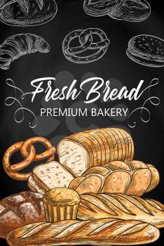 Bread and pastry food on chalkboard sketch vector. Baguette and batard, challah or brioche loaf, wheat, rye and cheese bread, pretzel and hamburger bun, fresh croissant. Bakery shop banner or poster