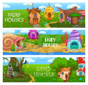Cartoon fairy houses and dwelling, vector banners with gnome homes. Kids fairy tale dwarf or elf huts in mushroom, tree stump or flower and seashell, witch house in amanita, beehive and acorn