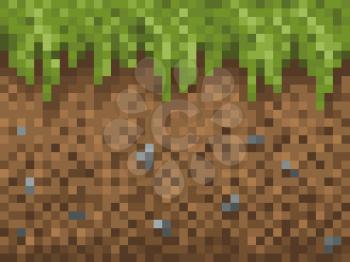 Pixel grass, ground and stone blocks pattern. Cubic pixel game background. 8bit gaming interface 2d technology. Retro wallpaper or backdrop with soil layer and pebbles underground cross section