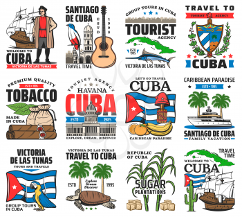 Cuba tourist attractions, havana vacation travel tours icons set. Christopher Columbus caravel, tropical birds and ocean animals, cuban architecture and national symbols, food and tobacco vector