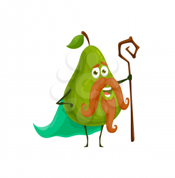 Cartoon pear fruit wizard or magician character, vector kids personage. Fairy tale peach sorcerer with magic stick or wand, fruit as wizard with beard and mustaches, kids funny cute fruits