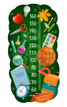 Cartoon school stationery on kids height chart. Children growth measure scale, child height meter with backpack, pencil case and copybook, alarm clock, basketball ball and flasks, paint, autumn leaf