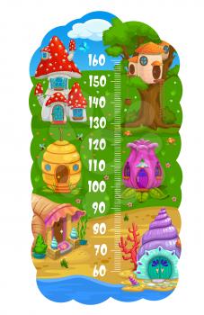 Kids height chart with cartoon houses, vector growth measure meter. Baby height meter or child tall scale ruler with homes of dwarf or gnome elf in mushroom, seashell and acorn or tree stump