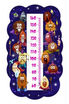 Kids height chart magician, wizard and sorcerer nut characters growth meter ruler. Vector wall sticker with cartoon coconut, fairy walnut, pistachio and seed, bean wear cap and cloak holding staff