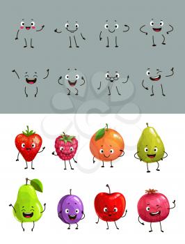Cartoon vector fruits and berries with funny faces strawberry, raspberry and orange, pear, avocado and plum with apple and pomegranate. Fruits express positive emotions and waving hands isolated icons