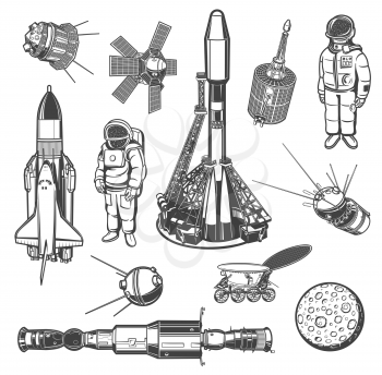 Galaxy explore monochrome vector icons. Universe expedition. Astronaut, space shuttle and satellites with rover. Moon with craters, spaceship and international station. Cosmos explore isolated labels