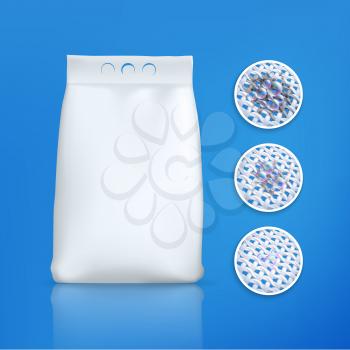 Detergent package, cleaning cloth laundry pack, vector realistic mockup in 3D. Laundry detergent powder blank package, plastic bag, fabric dirt before after washing, ultra white oxygen bubbles effect