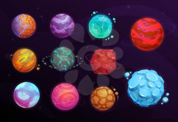 Planets of space games cartoon set of vector fantasy alien galaxy universe design. Planets with orbits of asteroids, craters and mountains, crystals and meteors, user interface, ui or gui themes