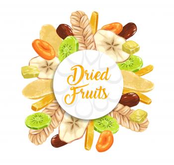 Dried fruits vegetarian dessert shop round banner. Dry melon, candied ginger strip and apple slice, apricot, dates and kiwi ring, mango hand drawn vector. Dried tropical and ordinary fruits frame