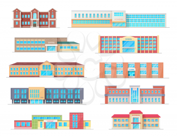 School building isolated icons of education architecture vector design. High, elementary and preschool, primary, junior and grade school buildings, public construction exteriors, facades and entrances