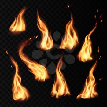 Fire flames burning realistic icons with sparks isolated on vector transparent background. Campfire flames and combustion heat or igniting red fire torch with sparks flares and hot blaze 3D glow