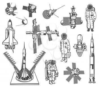 Space exploration vector icons astronaut, rocket and satellite with galaxy station. Cosmos explore shuttles and cosmonauts in outer space. Colonization mission isolated monochrome retro labels set