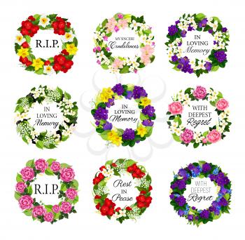Funerary flower wreath with condolences set. Funeral vector round floral frame with peony, narcissus and jasmine, viola, crocus and lily of the valley, begonia, orchid and geranium flower arrangements