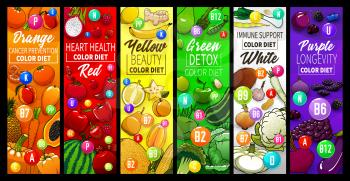 Color diet with fruits, vegetables and nuts banners. Healthy nutrition, cancer prevention, beauty and detox diets posters with orange, red and yellow color dried fruits and veggies cartoon vector