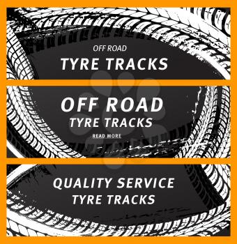 Tire prints, car tyre tracks with grunge stained vector marks and spots. transportation. Dirty wheels trace, auto service or bike race, vehicle monochrome pattern, graphic textured design banners set