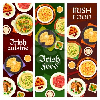 Irish cuisine vector pork sausages, cherry pie, vegetable stuffed beef, broccoli pudding and fish soup. Cheese sauce, mashed potato with cabbage colcannon and potato pancake farl, dishes of Ireland