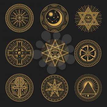 Occult signs, occultism, alchemy and astrology symbols. Vector sacred religion mystic emblems magic eye, masonry pyramid, swastika, sun or moon, constellation, pentagram, egypt ankh esoteric icons set