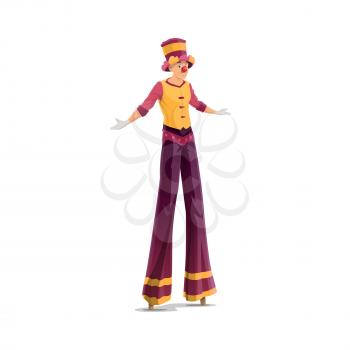 Acrobat on stilts, clown stilt walker, isolated vector big top circus artist. Jester performer, circus show entertainer in funny costume, wig, makeup and red fake nose. Cartoon stage comedian or joker