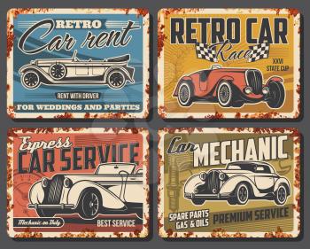 Vintage cars, classic vehicles rusty metal plate. Rare coupe or roadster. Retro limousine rental service, old automobiles mechanic garage station, vintage sports car race competition vector banner