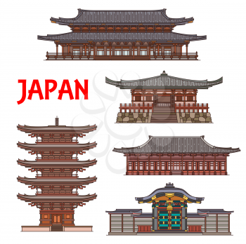 Japanese temples and shrine pagodas, Japan architecture landmarks, vector Buddhism Shinto monasteries. Higashi Honganji, Daigo-ji, Toji pagoda, Karamon or Karakado gate and Goeido Buddhist temple