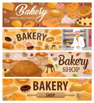 Bread, bakery products and desserts vector banners. Baker in bakery shop wear white chef toque hold fresh bun with pastry cakes. Patisserie desserts and sweet confectionery, baked bread, donut, bagel