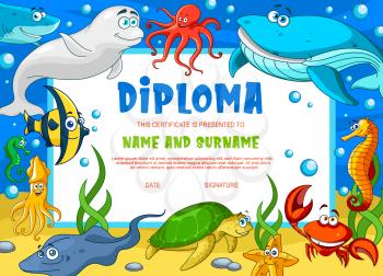 Kids diploma with underwater animals. Kindergarten vector certificate with cute cartoon starfish, squid and crab, octopus, white whale and shark. Angel fish, turtle and sea horse baby diploma template