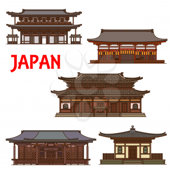 Japanese temples, shrines and Japan pagodas in Kyoto architecture landmarks, vector houses. Ryoan-ji Zen temple, Tofukuji and Horyuji, Nanzenji, and Fushimi Inari-taisha Buddhsim religious shrine