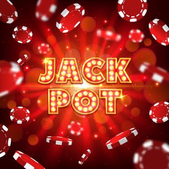 Jack pot casino vector poster with falling poker chips on red blurred background with rays. Big win casino gambling games. Realistic 3d playing chips and sparkling typography, internet bets jack pot