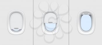 Plane windows, airplane portholes, air travel, vector aircraft cabin interior illuminators with white plastic frames, closed and open blinds. Realistic 3d plane windows in aircraft transportation