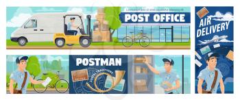 Post office mail delivery, postman service vector banners. Cartoon mailman courier sorting and delivering parcels and letter envelopes on bike and car. International air mail, express freight delivery
