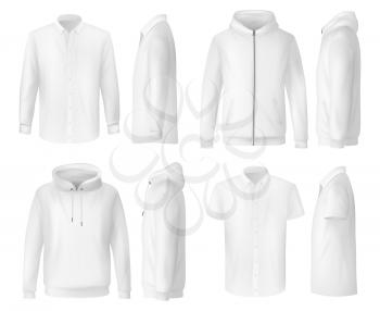 Shirt, polo and hoodie, menswear clothing mockups, vector white 3d templates. Men wear clothing hoody shirt, polo t-shirt and hoodie sweatshirt with hood and front pocket, sportswear or casual apparel