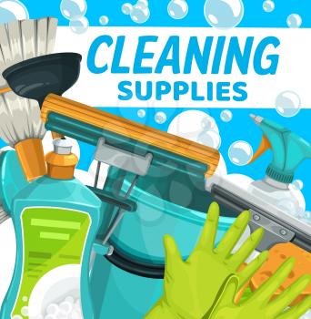 Cleaning supplies, household clean home vector bucket, detergents and cleaner sponge. Cleaning service, house washing equipment liquid soap, spray and brush, mop, besom broom and toilet plunger