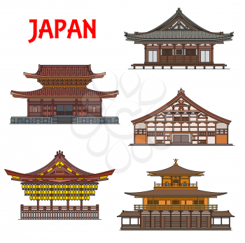 Japanese temples and shrines buildings, Japan pagodas houses, architecture landmarks of Kyoto. Vector icons of Sanjusangen-do, Tenryuji, Myosenji and Shiseizen-ji, Kinkakuji temple and Yasaka Shrine