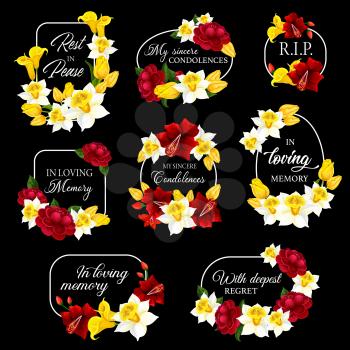 Funeral frames and obituary card borders, vector memorial condolences. Funeral floral frames black plaques for mourning and loving memory, RIP rest in peace remembrance, flower wreath mortuary plates