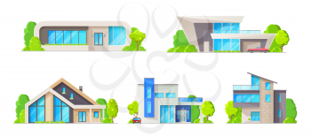House building isolated icons, vector real estate cottage homes. Modern bungalow, villa and mansion exteriors with front doors, windows, roofs, garage, trees and cars, residential architecture design