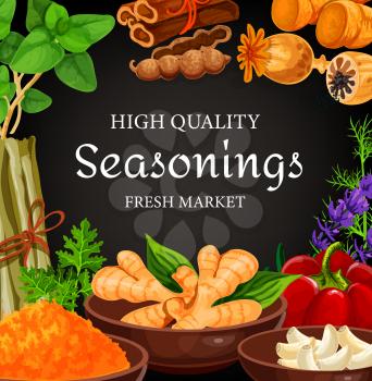 Seasonings, herbs, cooking spices condiments, vector farm food vegetables. Farm herbs and seasonings garlic and rosemary, culinary vanilla, cinnamon and anise, celery herb, turmeric and pepper spice