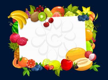 Frame with tropical fruits vector cartoon banana, kiwi and cherry with grapes, blueberry and peach with orange, raspberry and melon with lemon and apple. Strawberry, grapefruit fresh fruits border