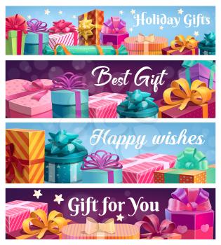 Festive presents, vector gift boxes wrapped with colorful ribbons and bows. Holidays gifts for Christmas, Birthday, Boxing day or Valentines holiday celebration. Giveaway prize, award cartoon banners