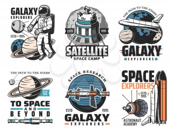 Galaxy exploration, deep space discovery icons. Astronaut in outer space, artificial satellite and space station module, solar system planets and spaceships flying in galaxy retro illustrations