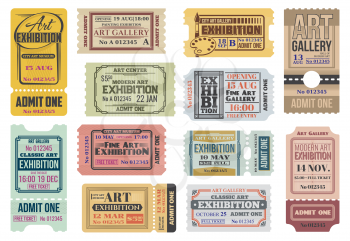 Art gallery, exhibition tickets, admits to event, vector vintage paper coupons templates. Modern art gallery and artist exhibition or classic museum admission tickets with date and control line