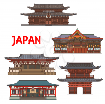 Japanese temples, shrines, Japan pagoda houses, vector traditional architecture buildings and gates. Kyoto Buddhism religious temples Kurama-dera, To-ji, Jingo-ji, Shoren-ji and Kitano Tenmangu Shrine