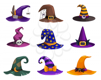 Witch hats vector icons, cartoon wizard headwear, traditional magician caps decorated with spider web, furthers, stripes or stars for sorceress or astrologer. Halloween party costume hats isolated set