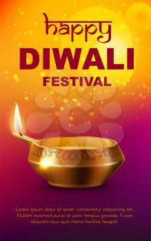 Diwali light festival diya lamp vector design of Hindu religion holiday. Indian oil lamp or lantern with golden rangoli decoration and burning fire flame, sparkles and bokeh lights, greeting card