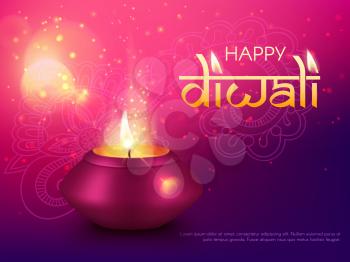Diwali or Deepavali Indian happy holiday, vector India, Hindu diya greeting card background. Diwali or deepwali festival celebration lamp and rangoli mandala decoration, with gold glowing light candle