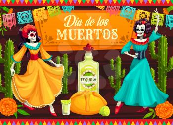 Mexican Day of the Dead dancing Catrina skeletons. Vector Dia de los Muertos skeleton dancers with calavera skulls, cactuses and marigold flowers, tequila, lime and bread, decorated with papel picado